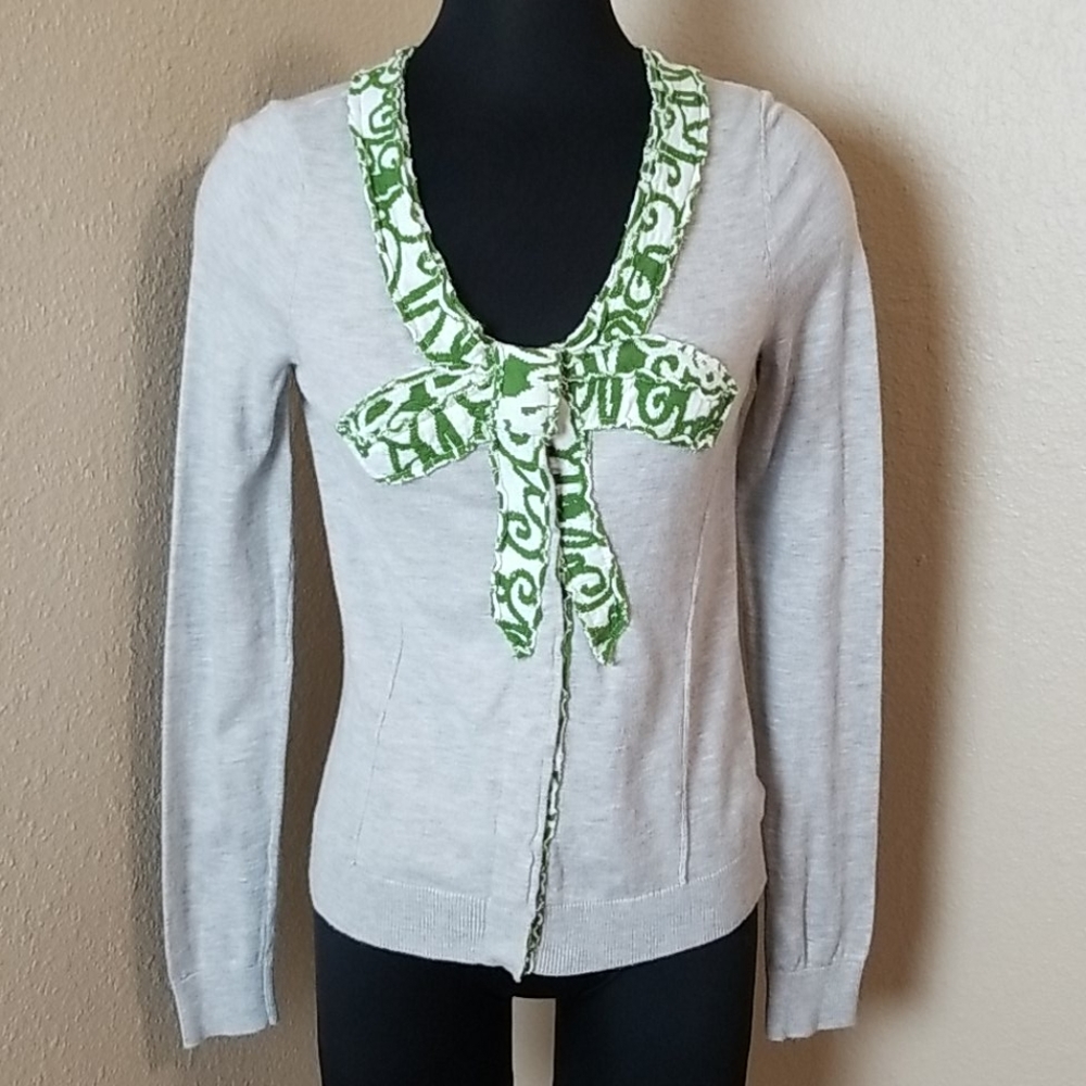 Moth Gray Green Bow Snap Front Sweater